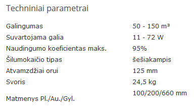 Renovent Sky 150 techniniai duomenys